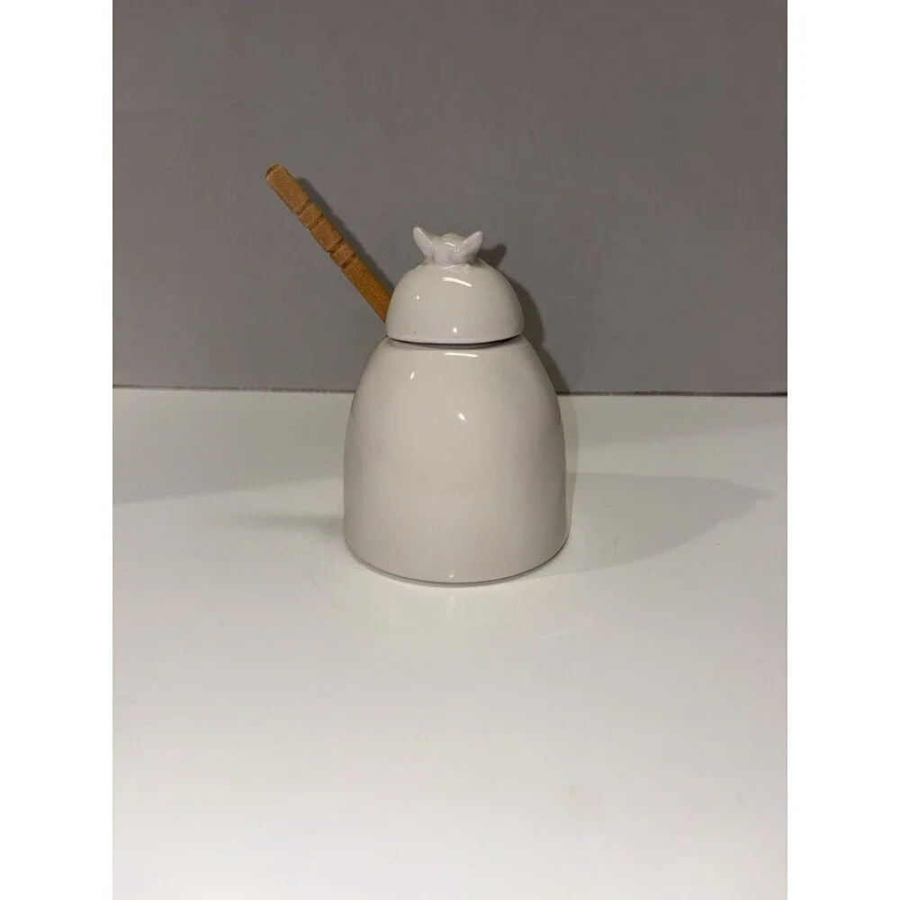 Rae Dunn Honey Pot with Bee Lid & Wooden Dipper Artisan Collection by Magenta 5”